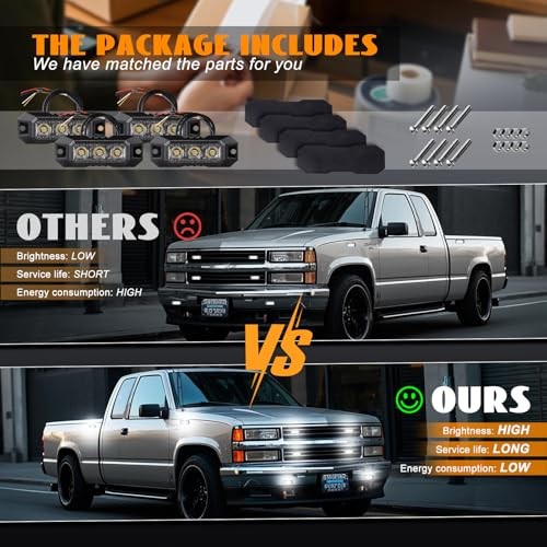 LED Strobe Lights for Trucks 3-LED Super Bright Surface Mount 3LED-4PCS White
