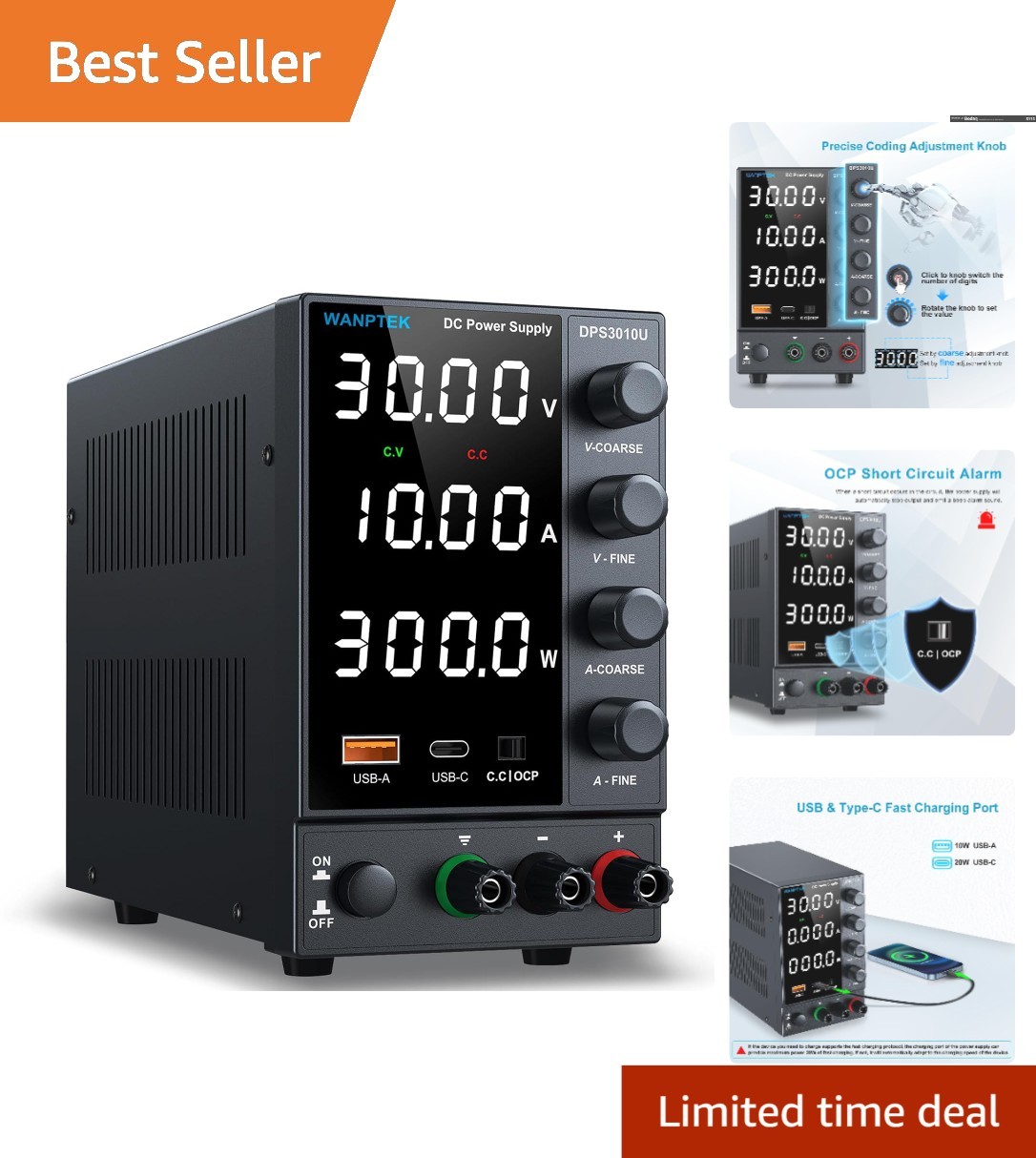 Versatile Variable DC Power Supply with USB & Type-C for Electronics Projects