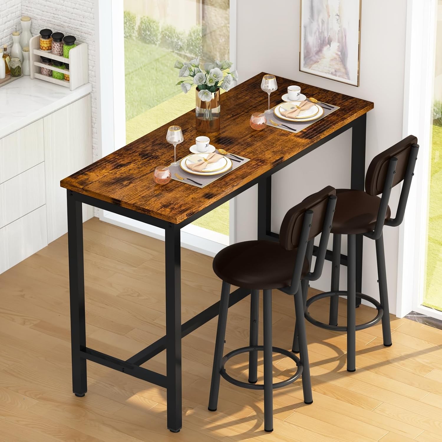 Industrial Pub Height Table with 2 PU Upholstered Stools,3-Piece Kitchen Table