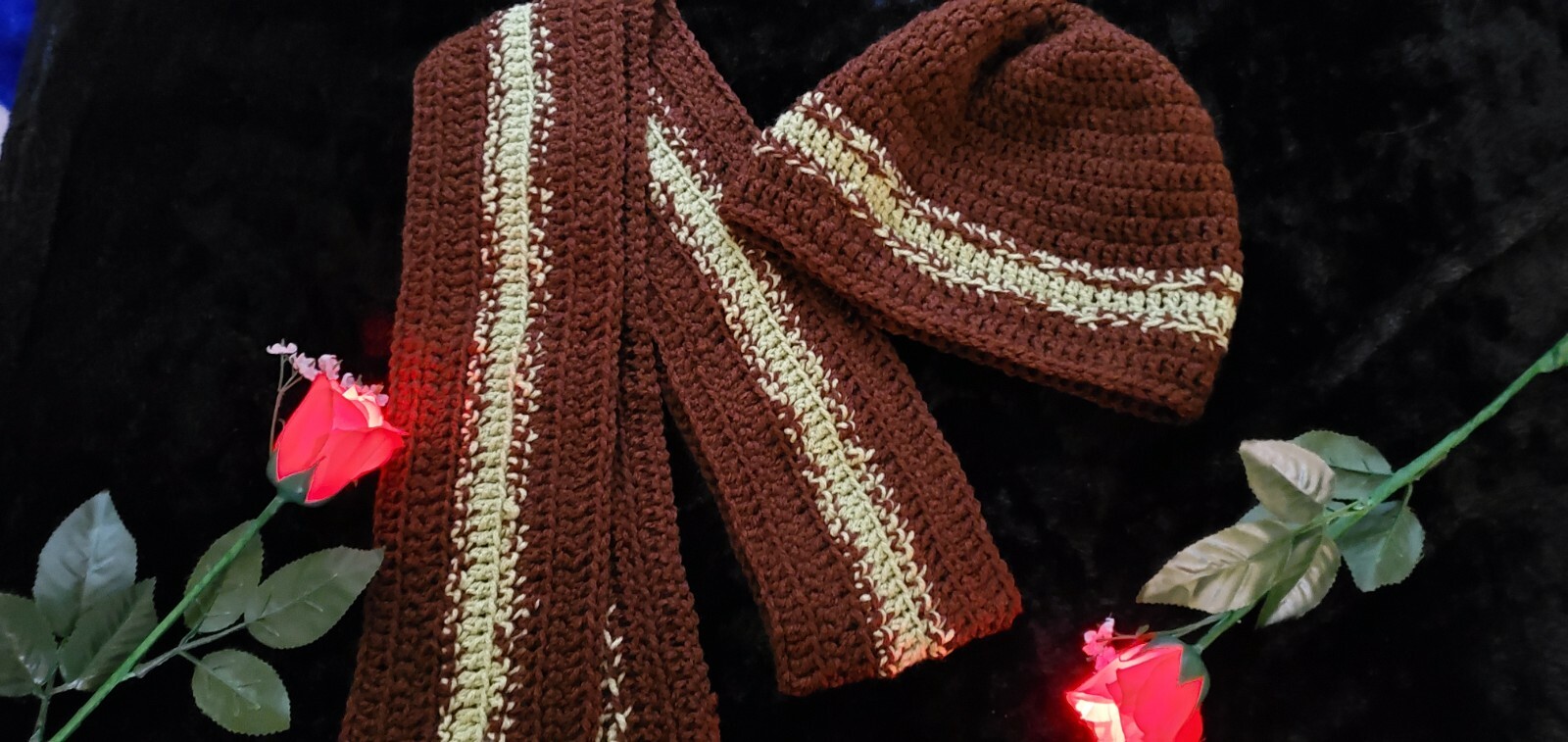 Adult Unisex Handmade Crochet Hat Beanie Scarf Set brown and green colors  20"