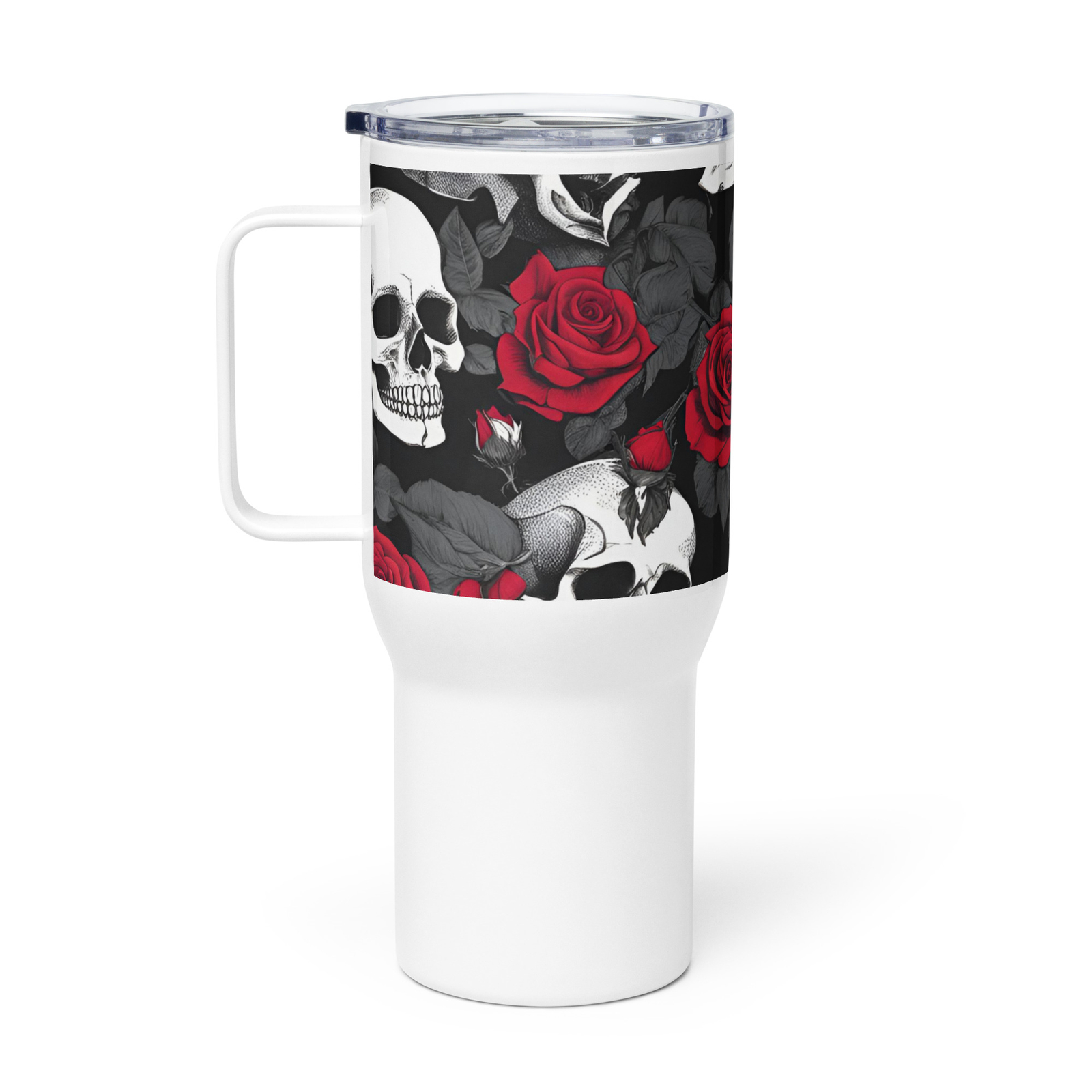 New 25oz Travel Mug w/Handle Roses & Skulls Red Stainless Steel Spill Proof Lid
