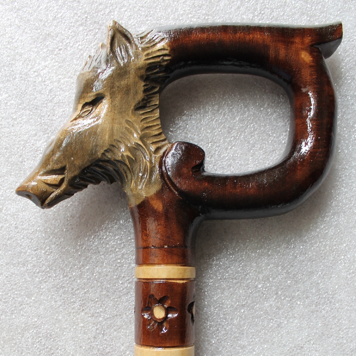 WILD BOAR High Quality Folk Art Hand Carved Crafted Wooden Walking Stick Cane