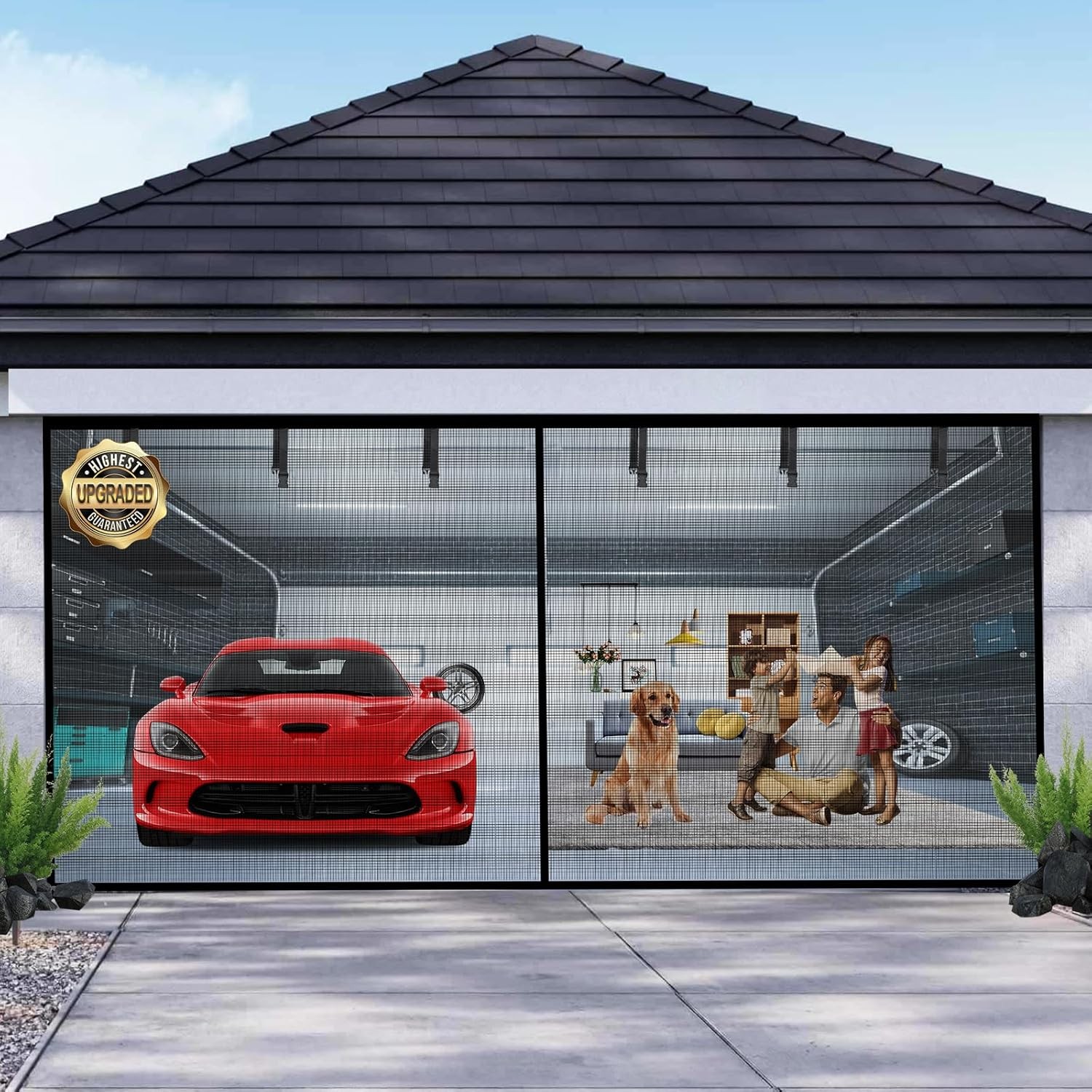 Retractable Magnetic Garage Door Screen 16x7FT for 2 Car Garage