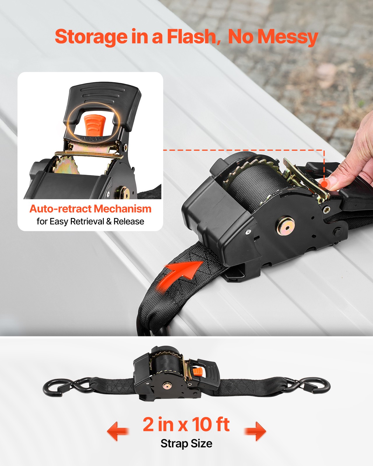 VEVOR 2 Pack Retractable Ratchet Straps 2" x 10' Tie Down Straps 3033 lbs