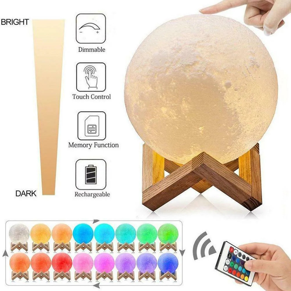 3D Moon LED Light, Remote Control 300MAH for Home (White)