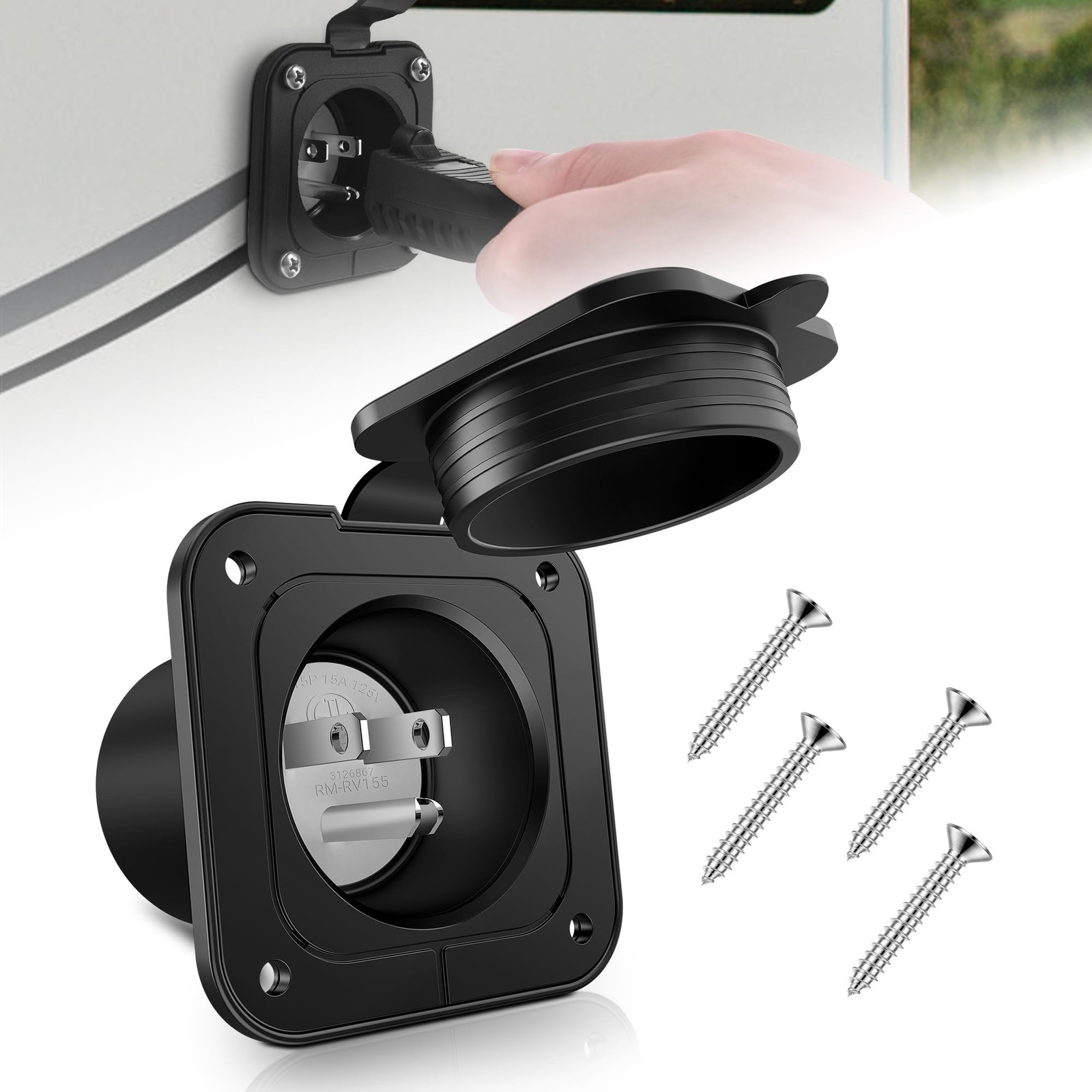15 Amp Flanged Inlet 125V, NEMA 5-15 RV Shore Power Inlet Plug with Waterproo...