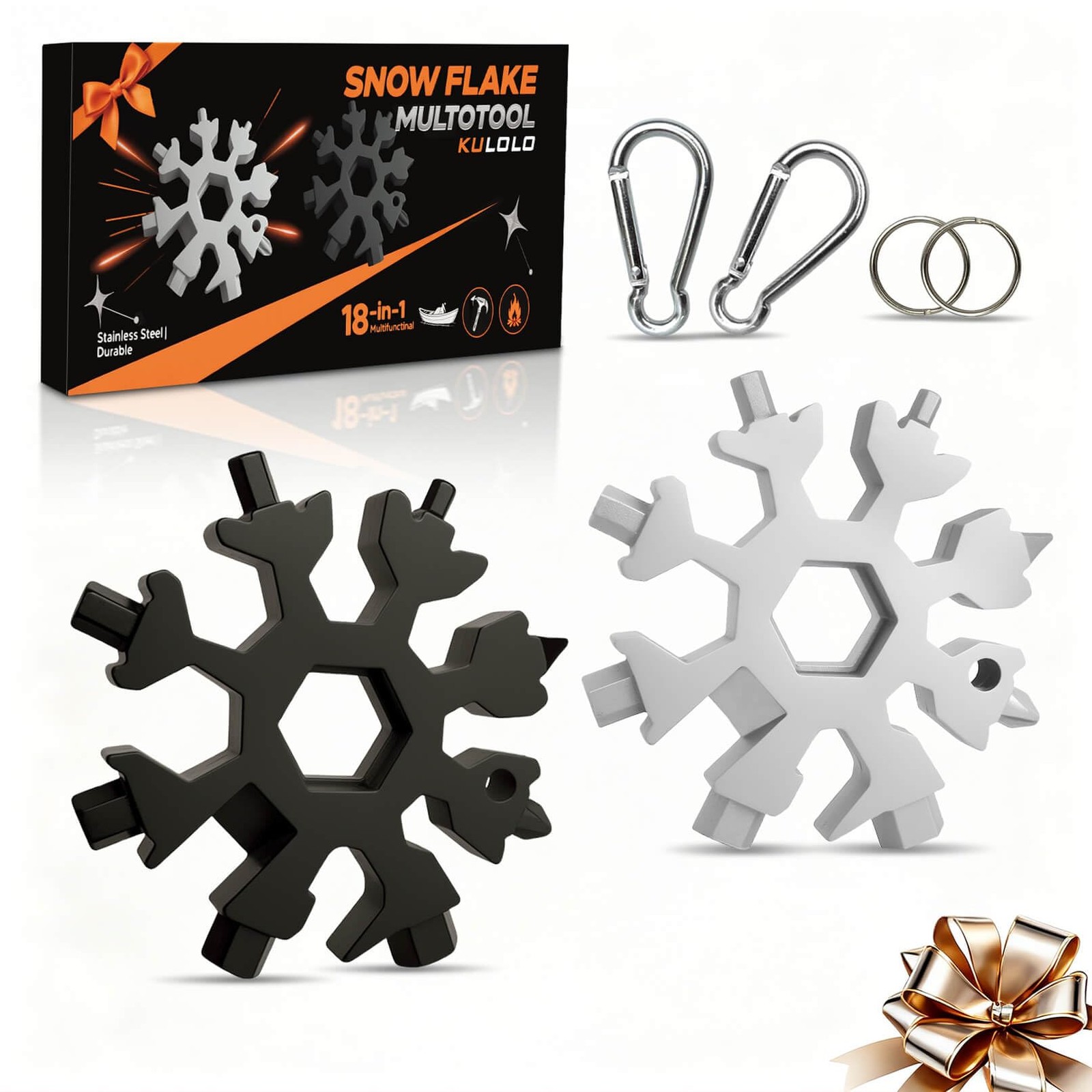 KULOLO Snowflake Multi Tool 2 Pack - Stainless Steel 18 in 1 Silver + Black