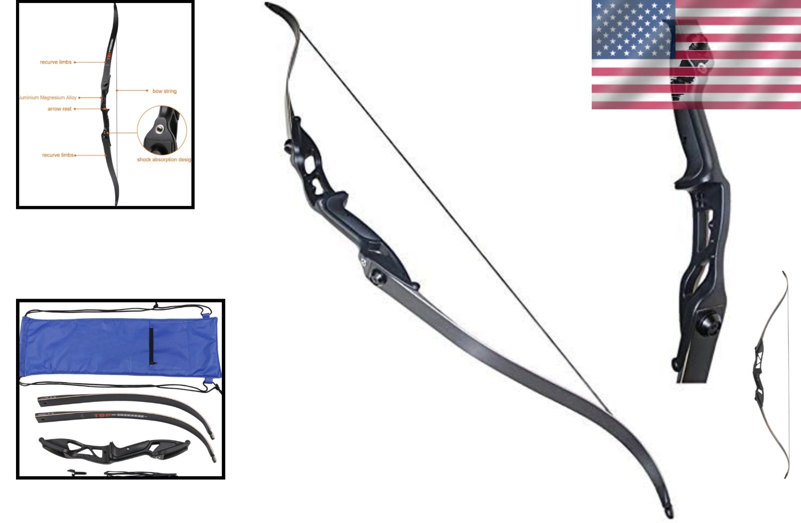56" Right-Hand Black Recurve Bow - Durability & Performance for Hunters