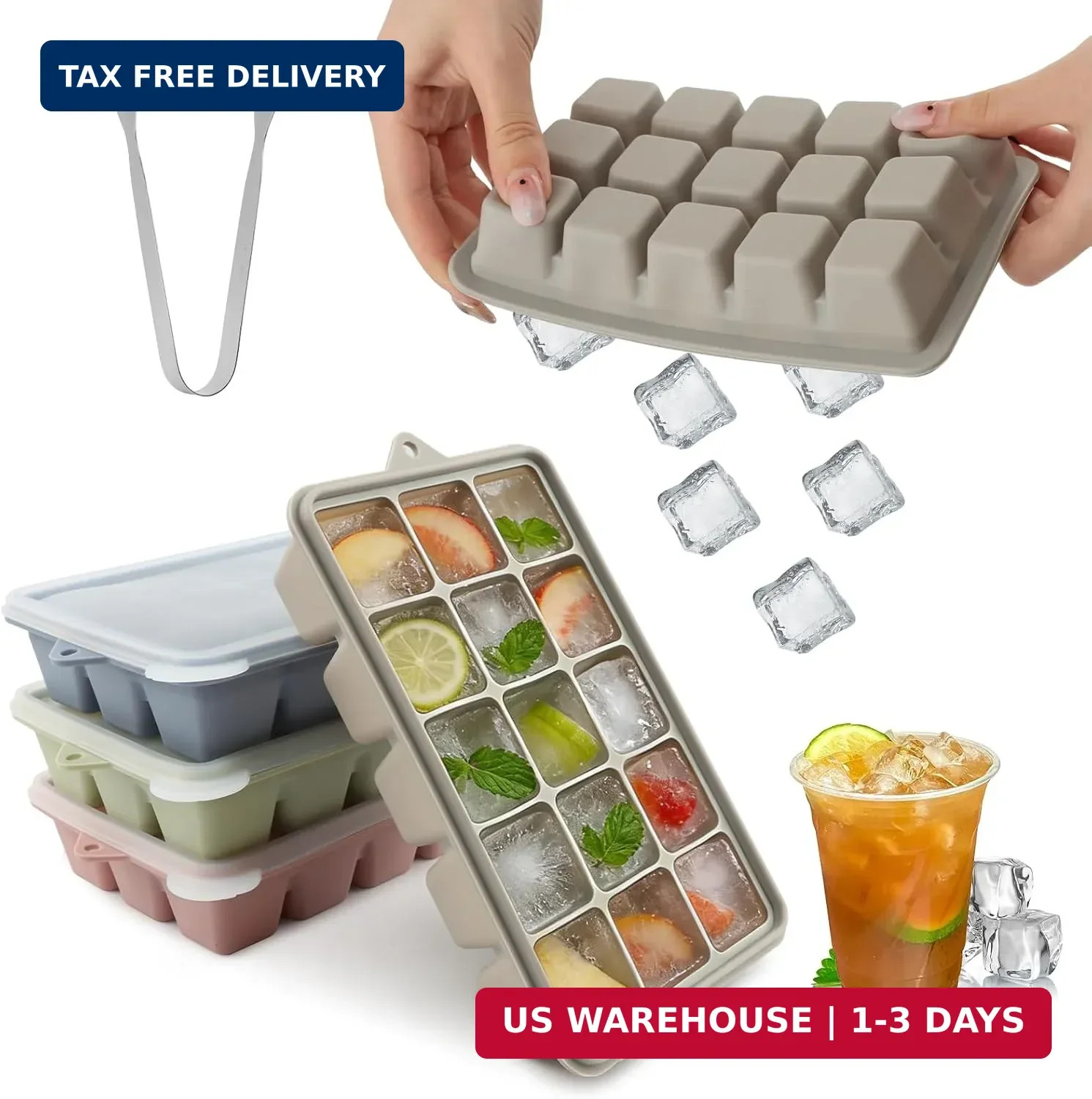 4 Pack Silicone Ice Cube Trays with Lid, Stackable Easy Release Mold | Makes 15