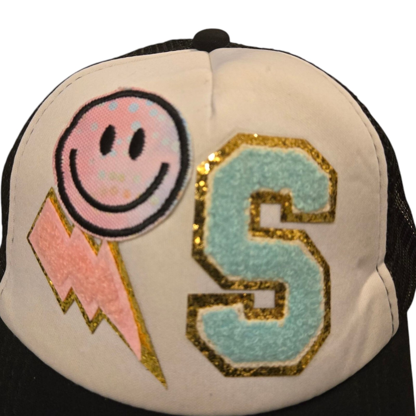 Letter S Trucker Hat Black White Mesh Snapback Smiley Face Lightning Bolt READ