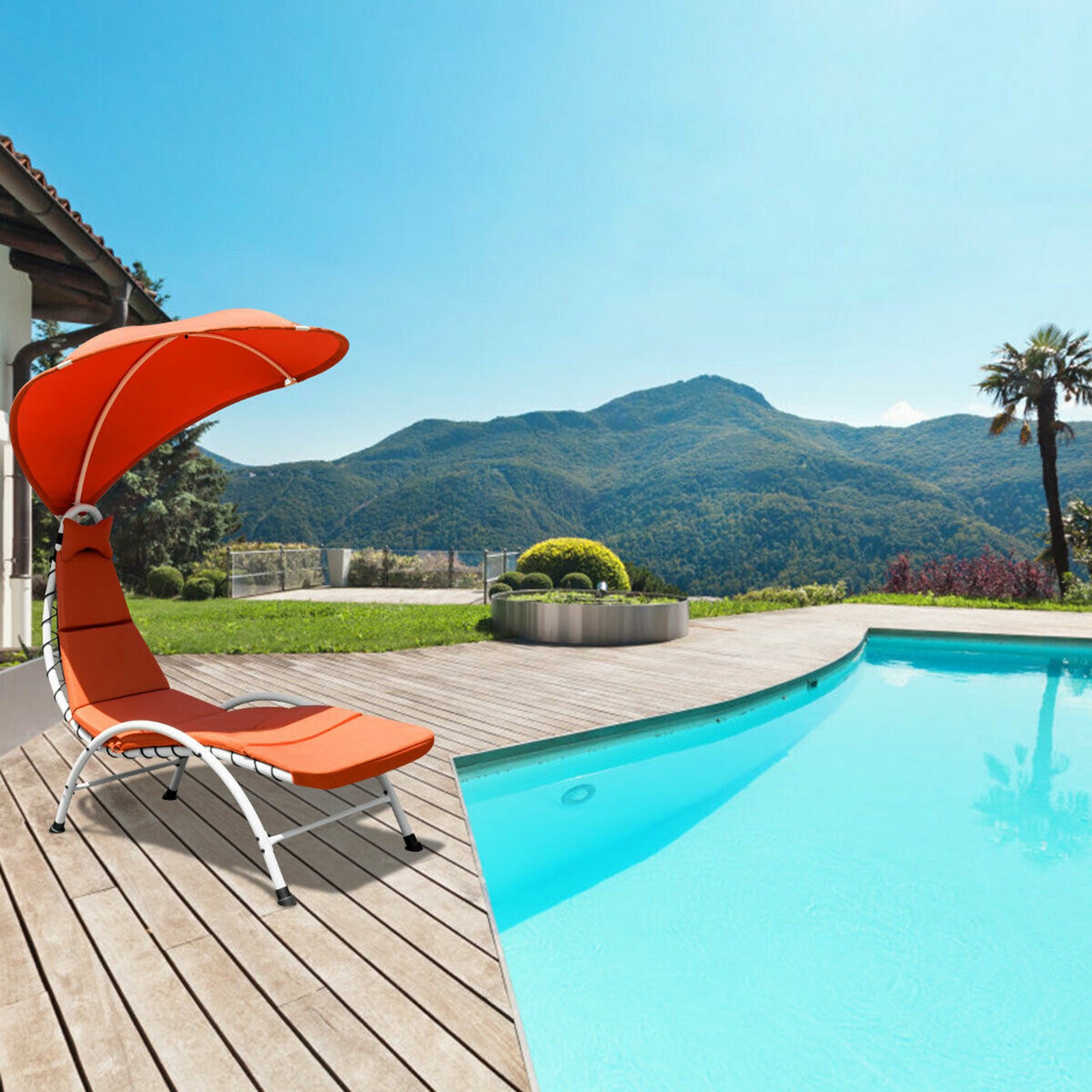 Patio Lounge Chair Chaise Outdoor w/ Steel Frame Cushion Canopy Orange