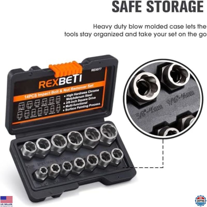 REXBETI 13+1 Piece Impact Bolt & Nut Extractor Set with Durable Storage Case