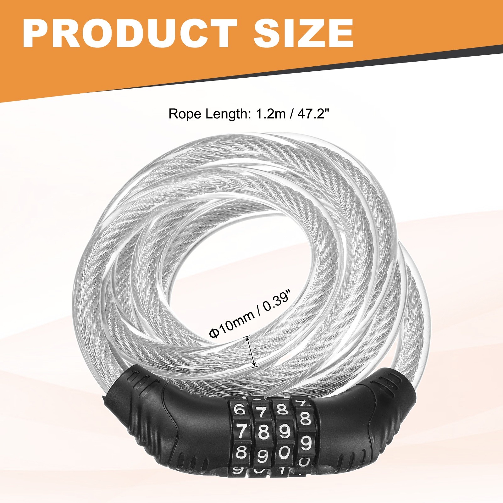 120cm Bike Lock Cable, Security Bike Wire with 4 Digit Code Combination, Clear
