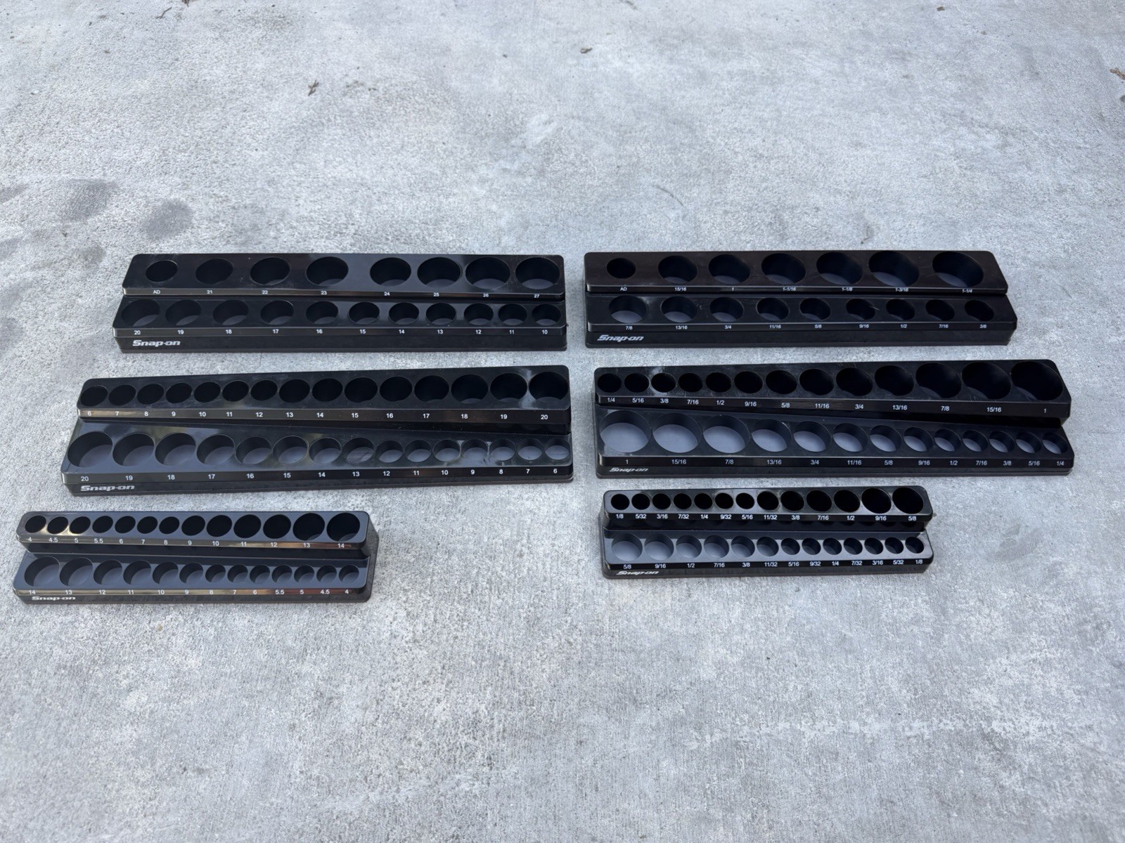 Snap On Tools SAE + METRIC Set Of 6 Socket Trays Magnetic Organizer 1/2 3/8 1/4