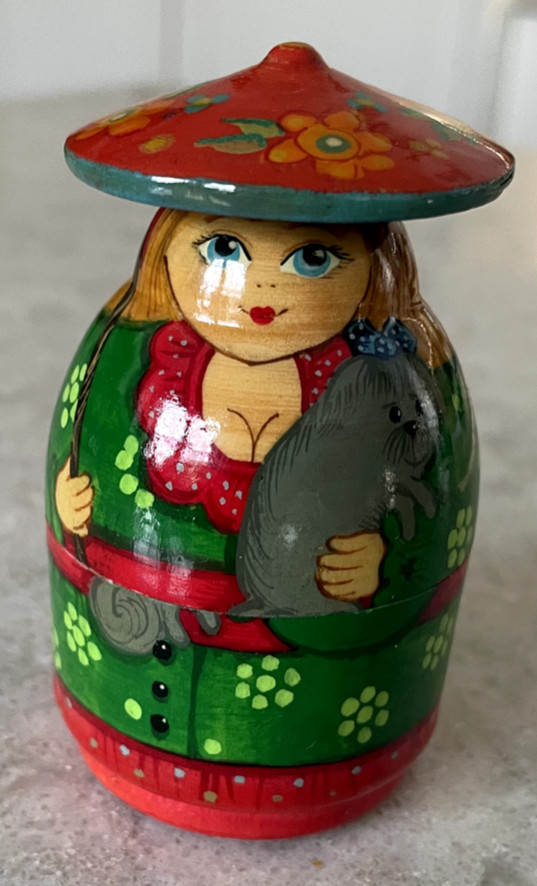 WOOD HANDPAINTED 2 PC  CHINA LADY W/ DOG TRINKET BOX