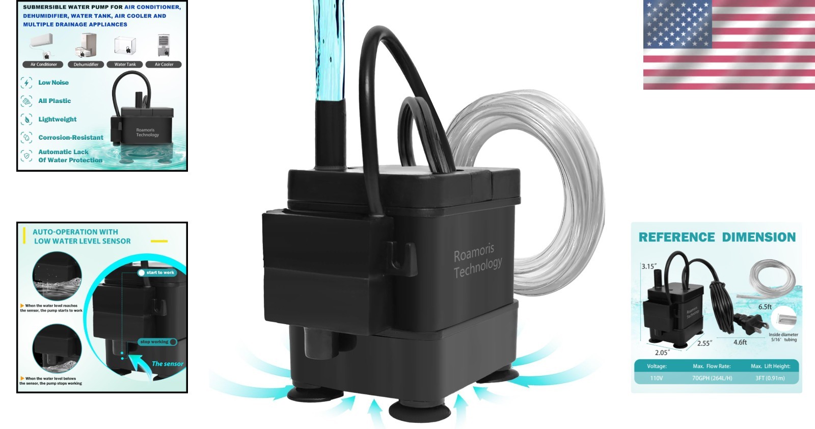 Compact & Quiet 110V Automatic Submersible Pump with Level Sensor - 3ft Lift