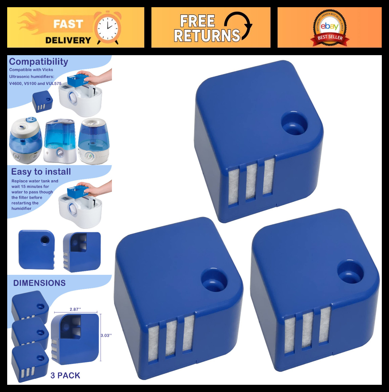 3 Pack Demineralization Cartridges for Ultrasonic Humidifiers, Reduces White Dus