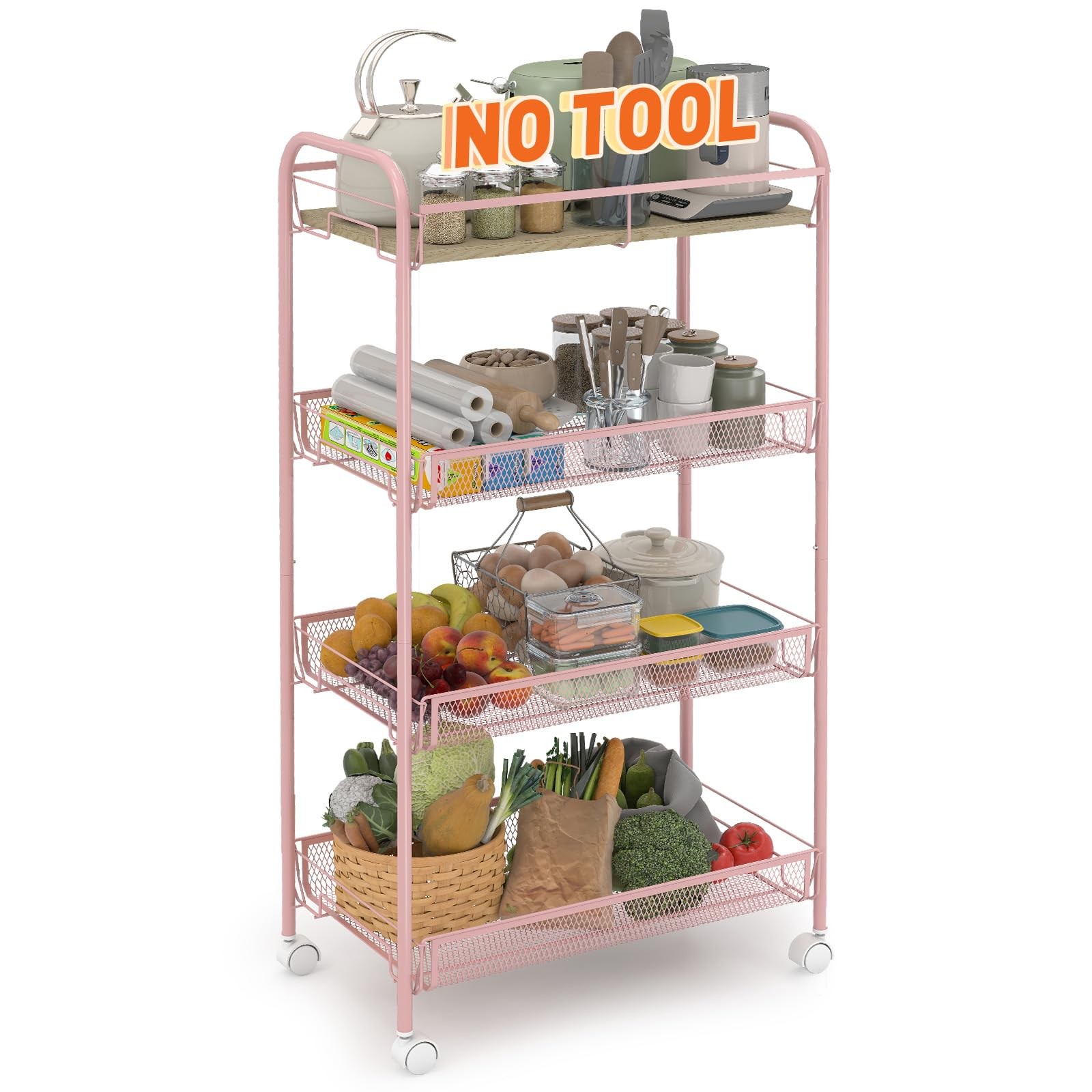 4 Tier Rolling Cart Metal, Snap-Together Utility Cart on Wheels, Heavy Duty S...