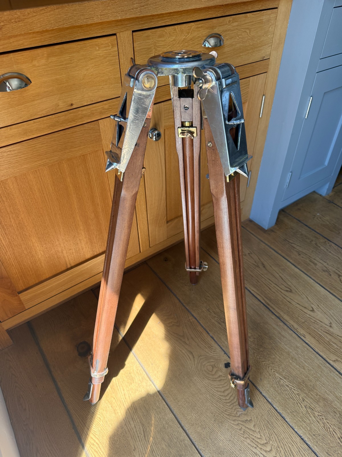 Unusual vintage mixed metal (brass & aluminium) & wood surveyors tripod polished
