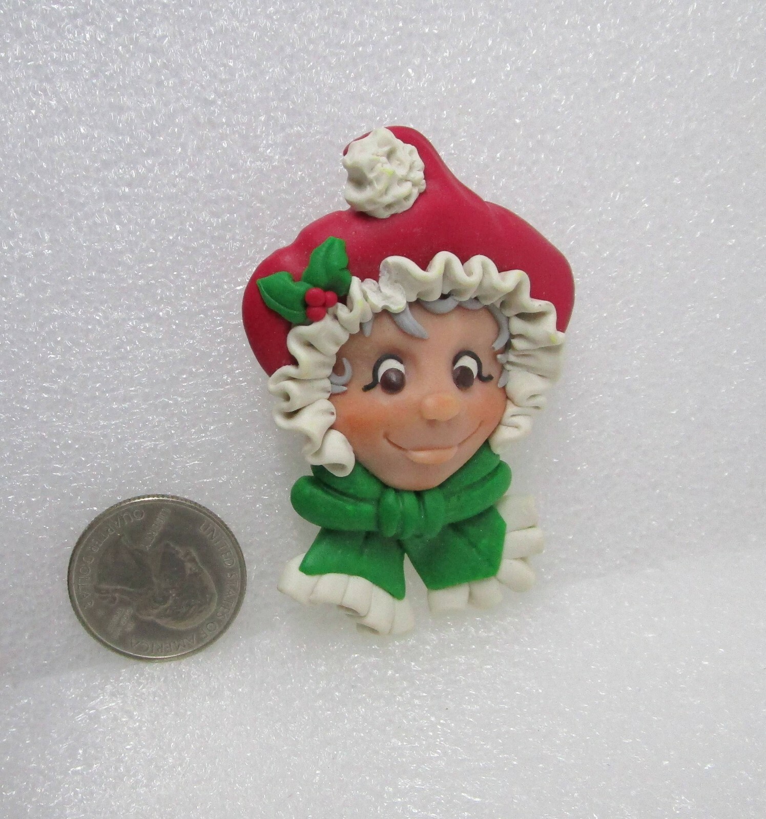 Gone Troppo Handcrafted Clay Woman w/ Green Scarf & Santa Hat Pin
