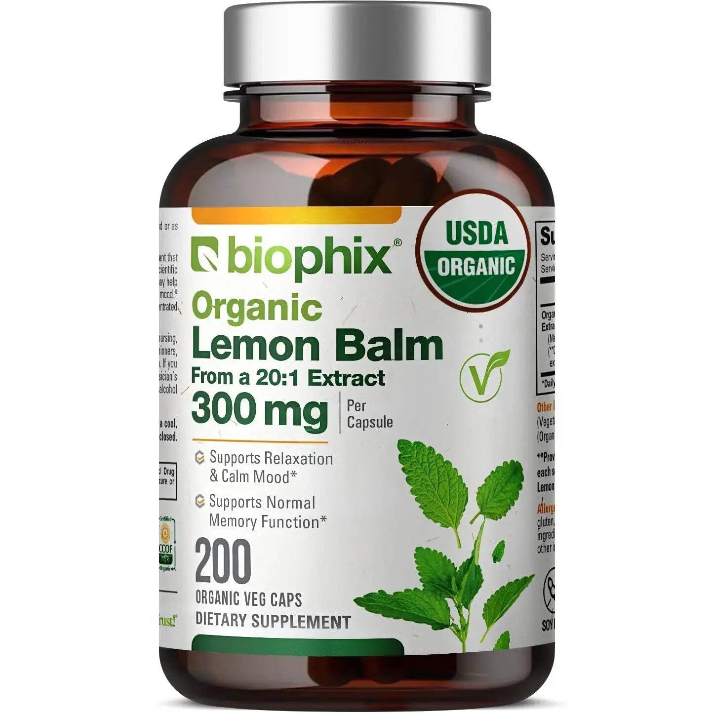 biophix Lemon Balm USDA Organic 20:1 Extract 300 mg 200 Veggie Caps