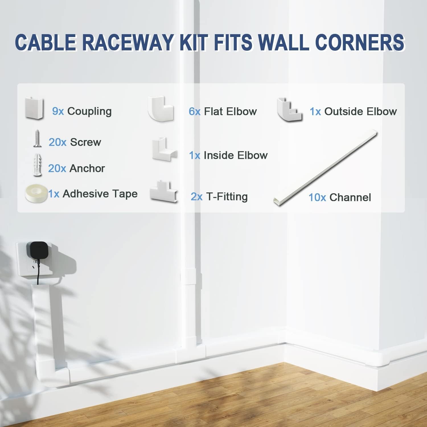 Cord Cover Raceway Kit - 157" Paintable Cable Concealer, Wire Medium, White