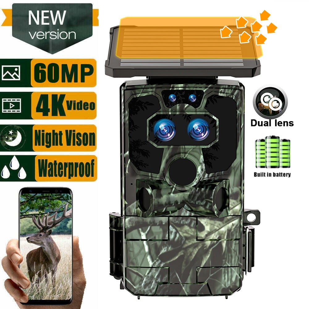Voopeak 4K Solar Powered 60MP Trail Camera Dual Lens Wildlife Monitor Waterproof