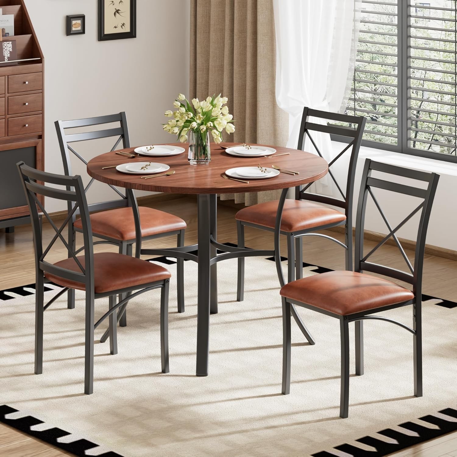 5 Piece Dining Table Set for 4 with Chairs, Wood Grain Tabletop, Small Space,