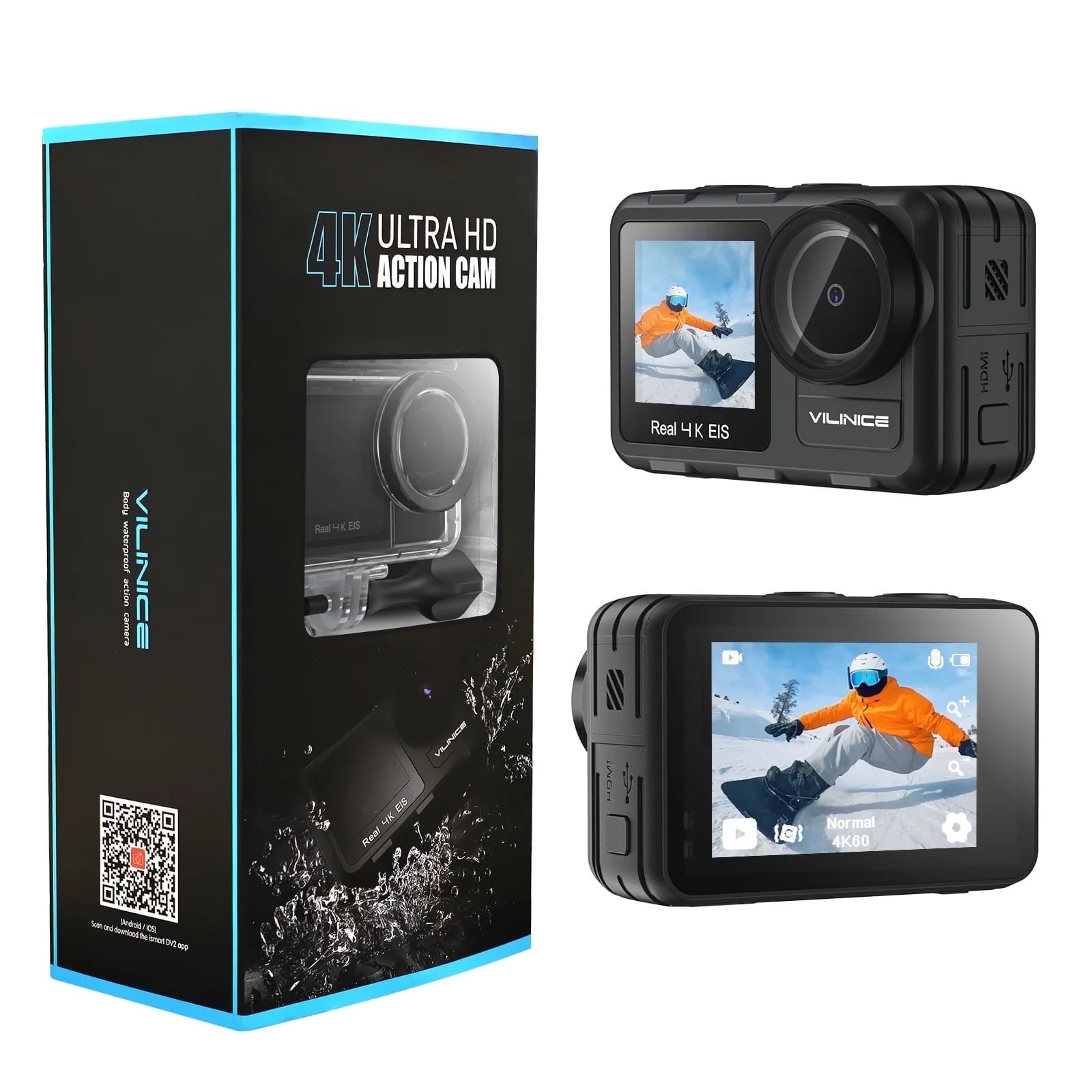 VILINICE 4K Action Camera 24MP EIS Anti-Shake IPX8 170° Wide-Angle Built-in Mic