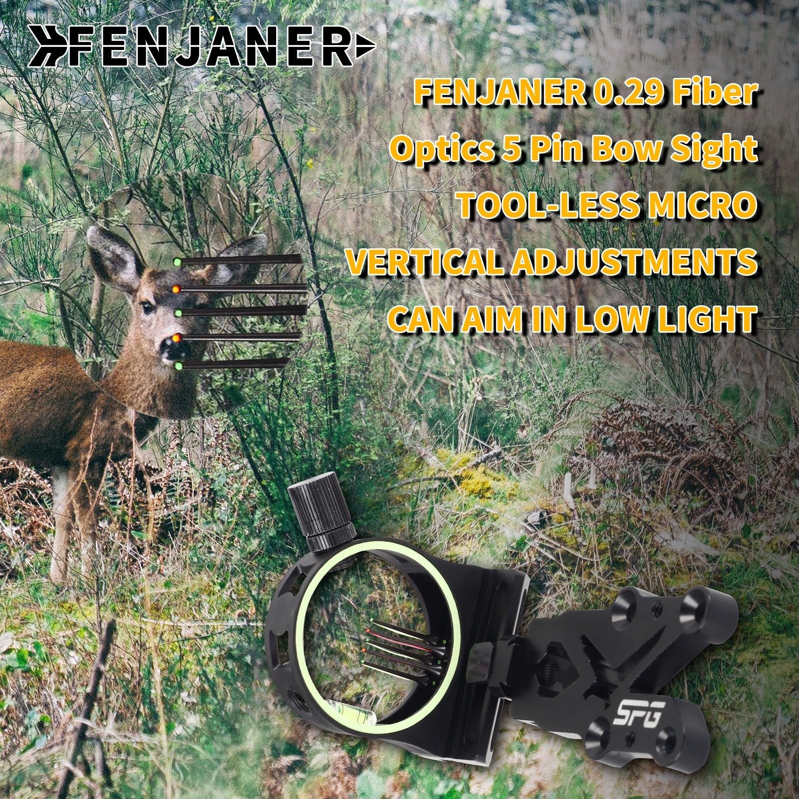 Archery 5 Pin Bow Sight .029 Fiber Optics Sight with Rheostat Light & Reversi...