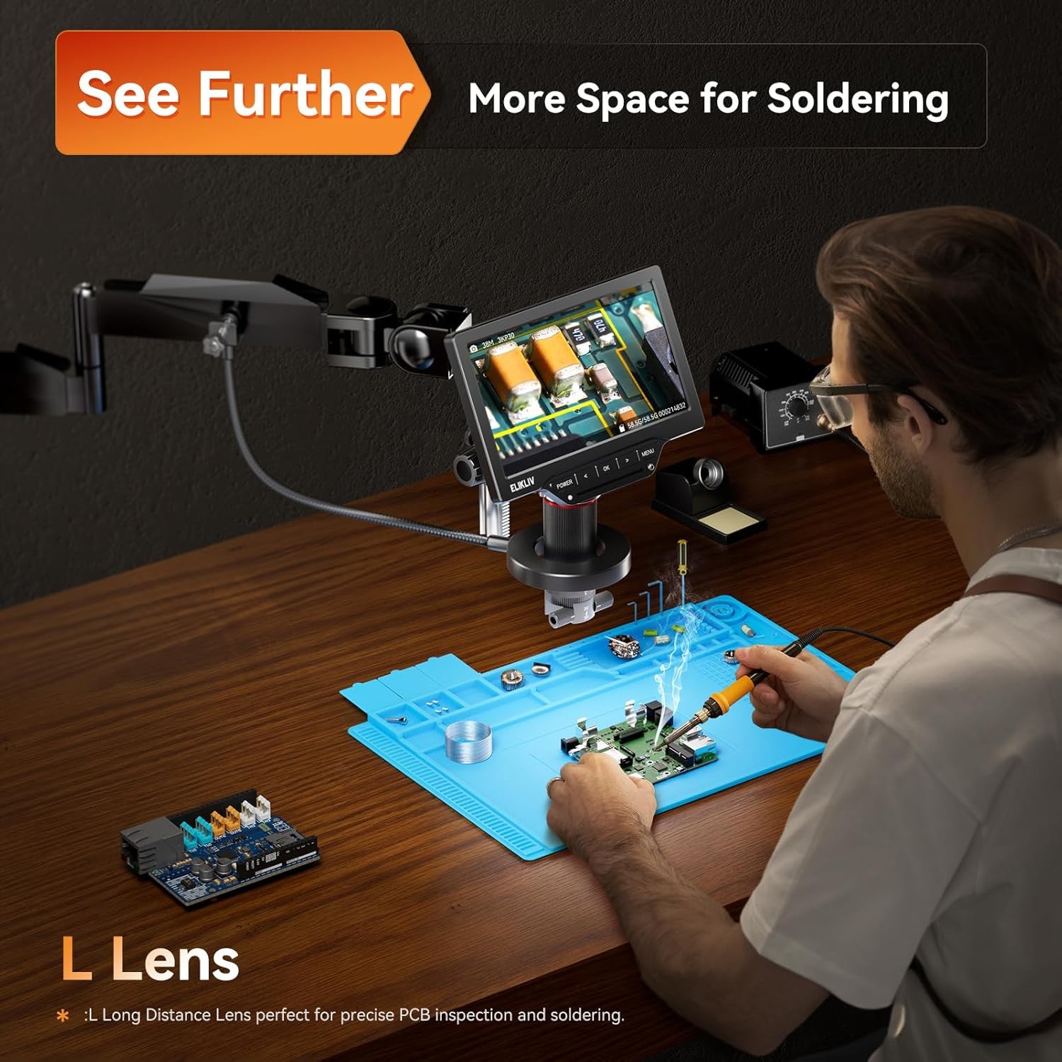 Elikliv EM3K-3D Max Microscope for PCB Soldering & Electronics Repair Flex Arm