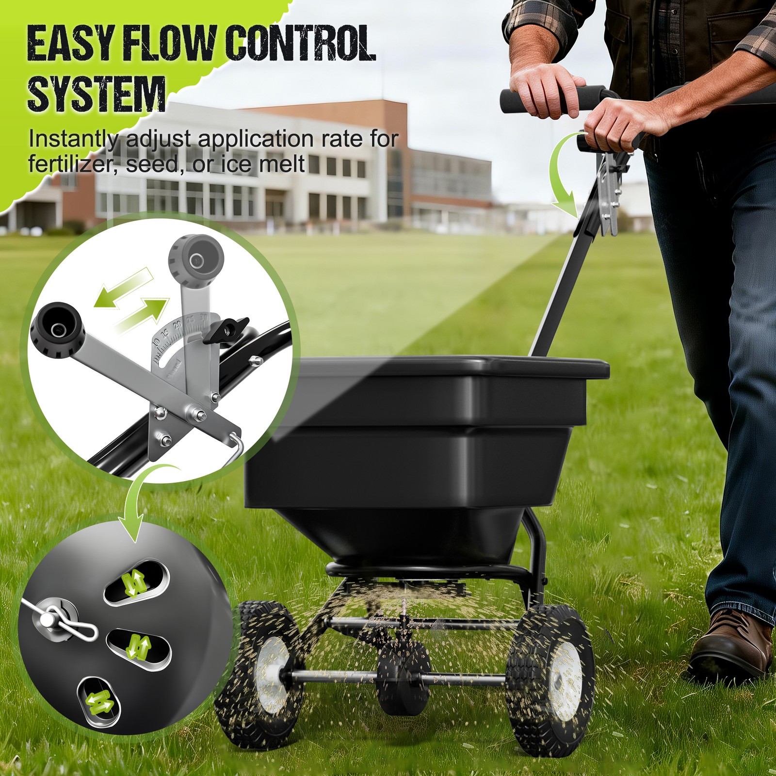 100LB Walk Behind Push Broadcast Spreader Capacity 0-9.10ft Spreading Width USA