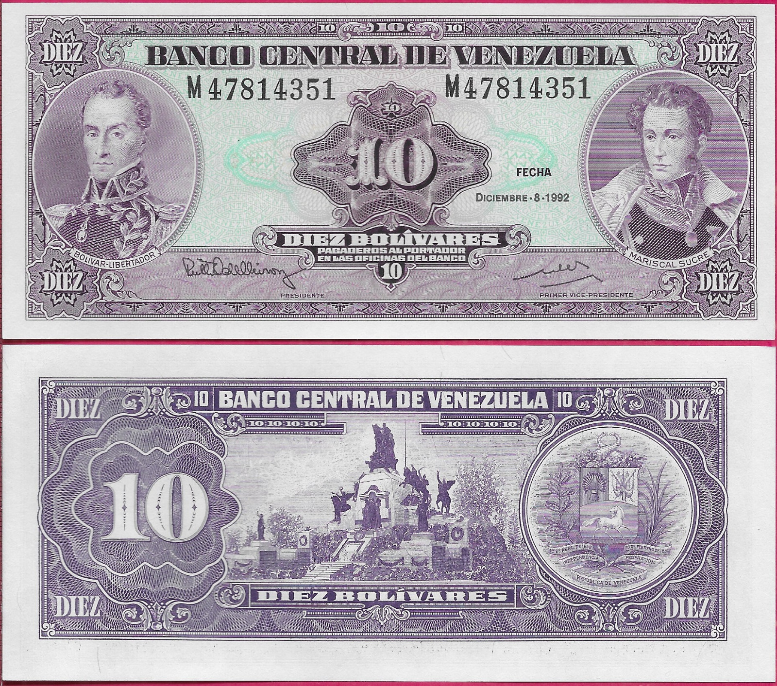 VENEZUELA 10 BOLIVARES 1992 UNC M,PORTRAITS OF SIMON BOLIVAR AND MARISCAL SUCRE