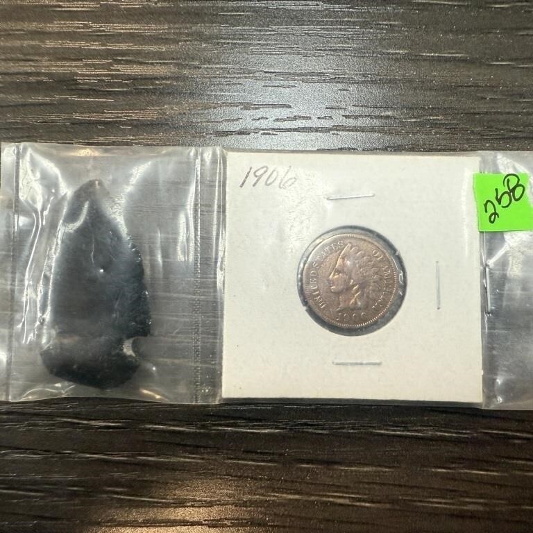 1906- Indian Head Cent Penny With Arrowhead In Square Holder