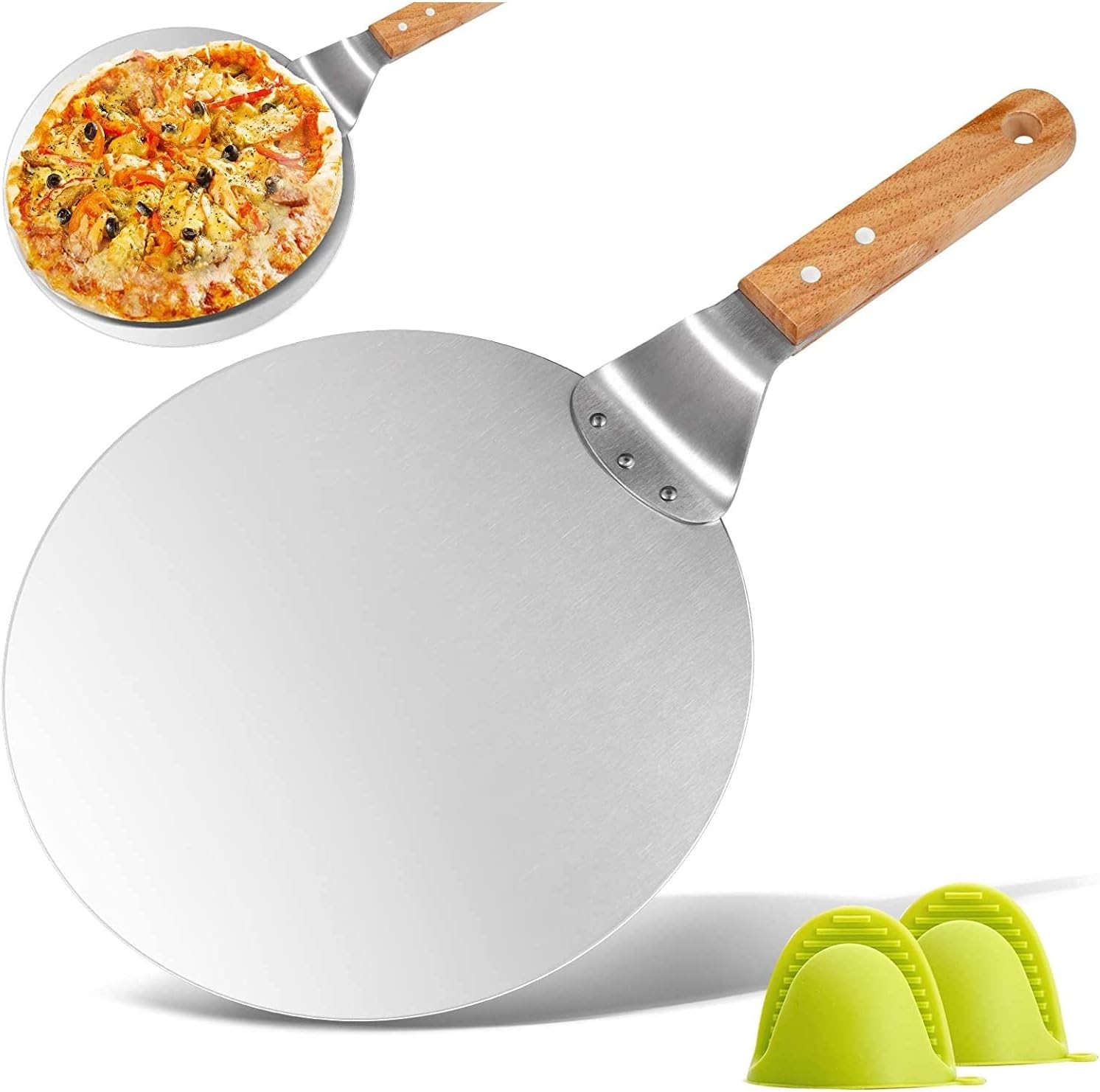 KSENDALO 10" Pizza Peel with Wooden Handle - wooden, silver, wooden color