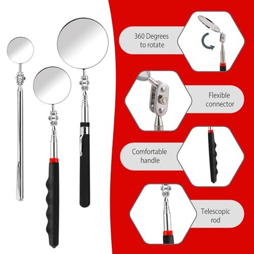 3 Pack Stainless Steel Mechanic Mirror Telescoping Inspection Mirror