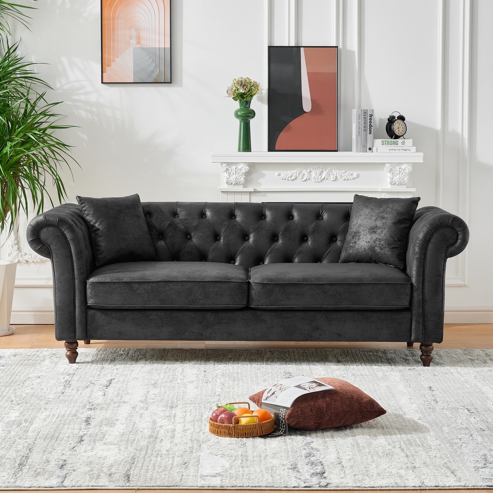 83"Chesterfield ‌tech Fabric Sofa,High-tech Fabric Roll Armrest Sofa,Upholstere