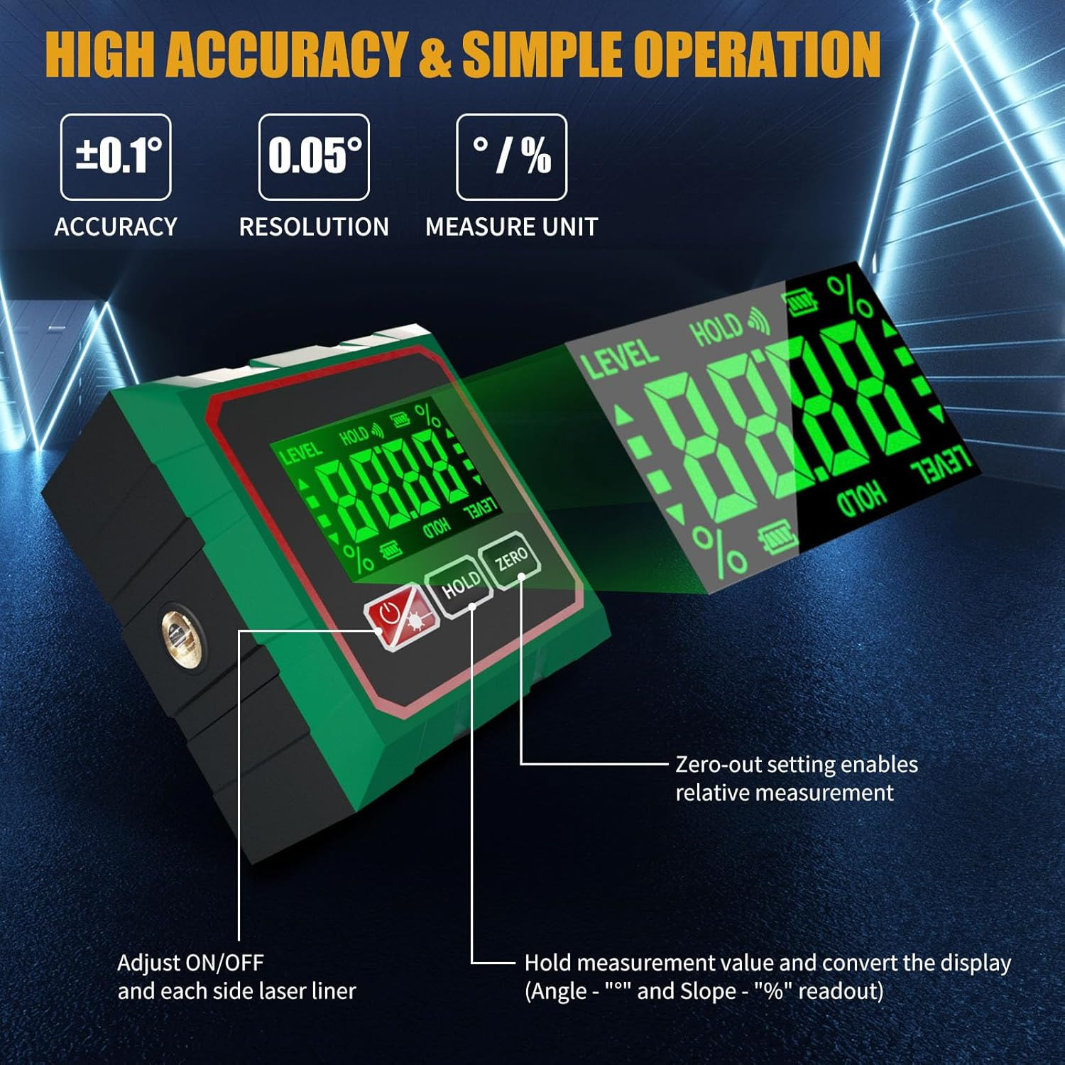 Digital Angle Finder with Laser, 4 Side Magnetic Inclinometer Angle Gauge Cube
