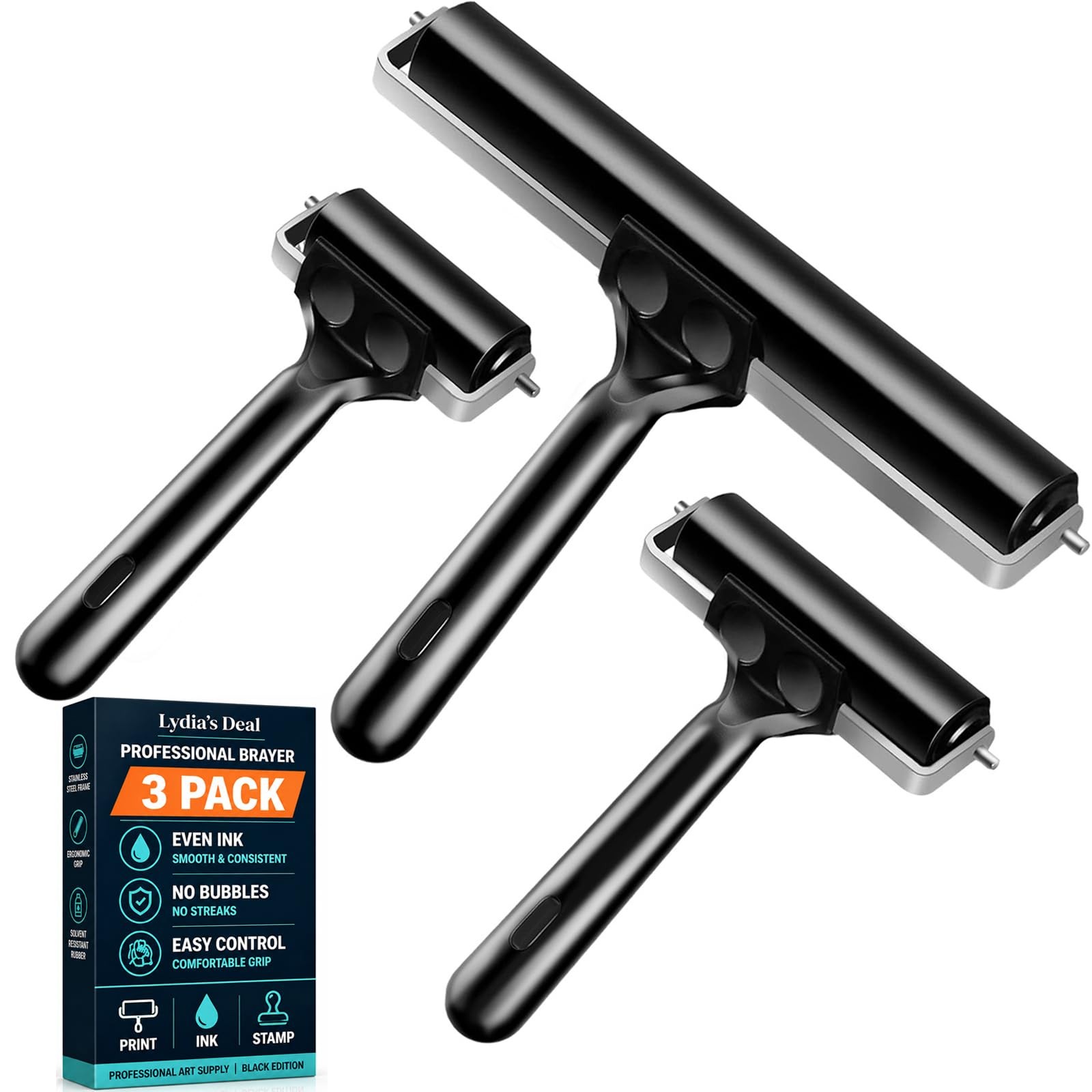3 Pack Rubber Brayer Rollers for Crafting – Hard Rubber Printmaking & Craft R...