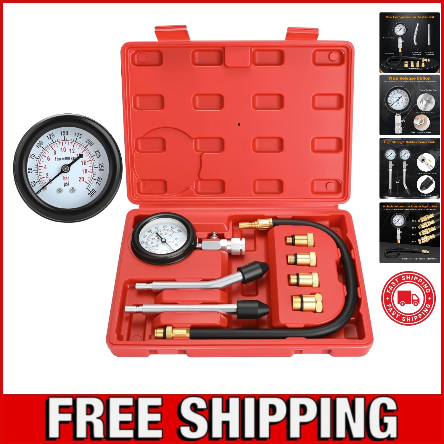 HW0130 8pcs Petrol Engine Cylinder Compression Tester Kit Automotive Tool Gauge