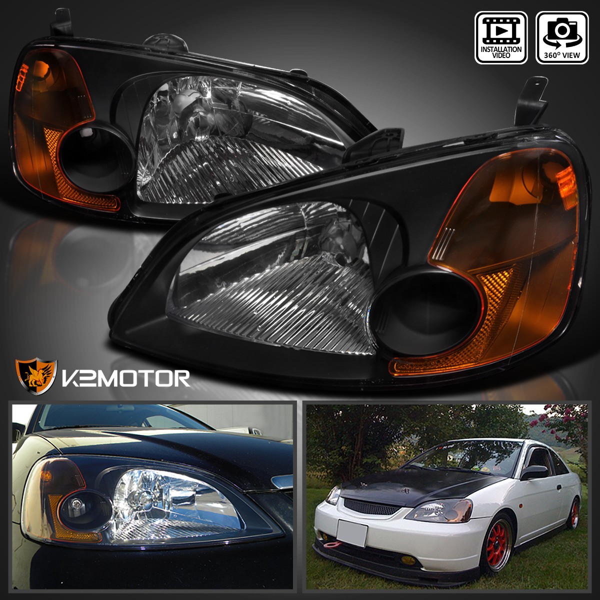 Fits 2001-2003 Honda Civic 2/4Dr Coupe Sedan Black Headlights Lamps Left+Right