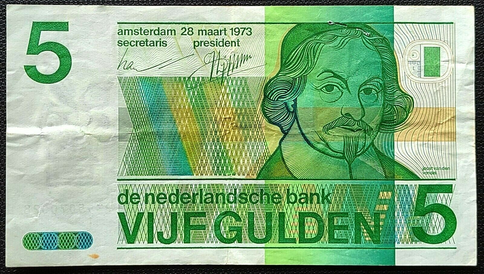1973 Netherlands Bank 5 Gulden Banknote - Pinholes