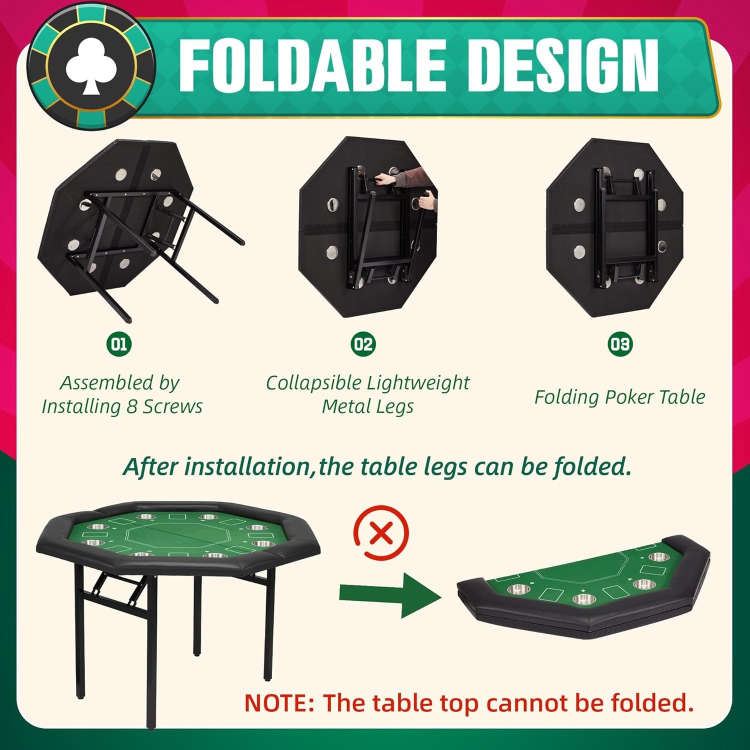 8-Player Poker Table Foldable, Casino Leisure Gaming Table with Padded Rails & S