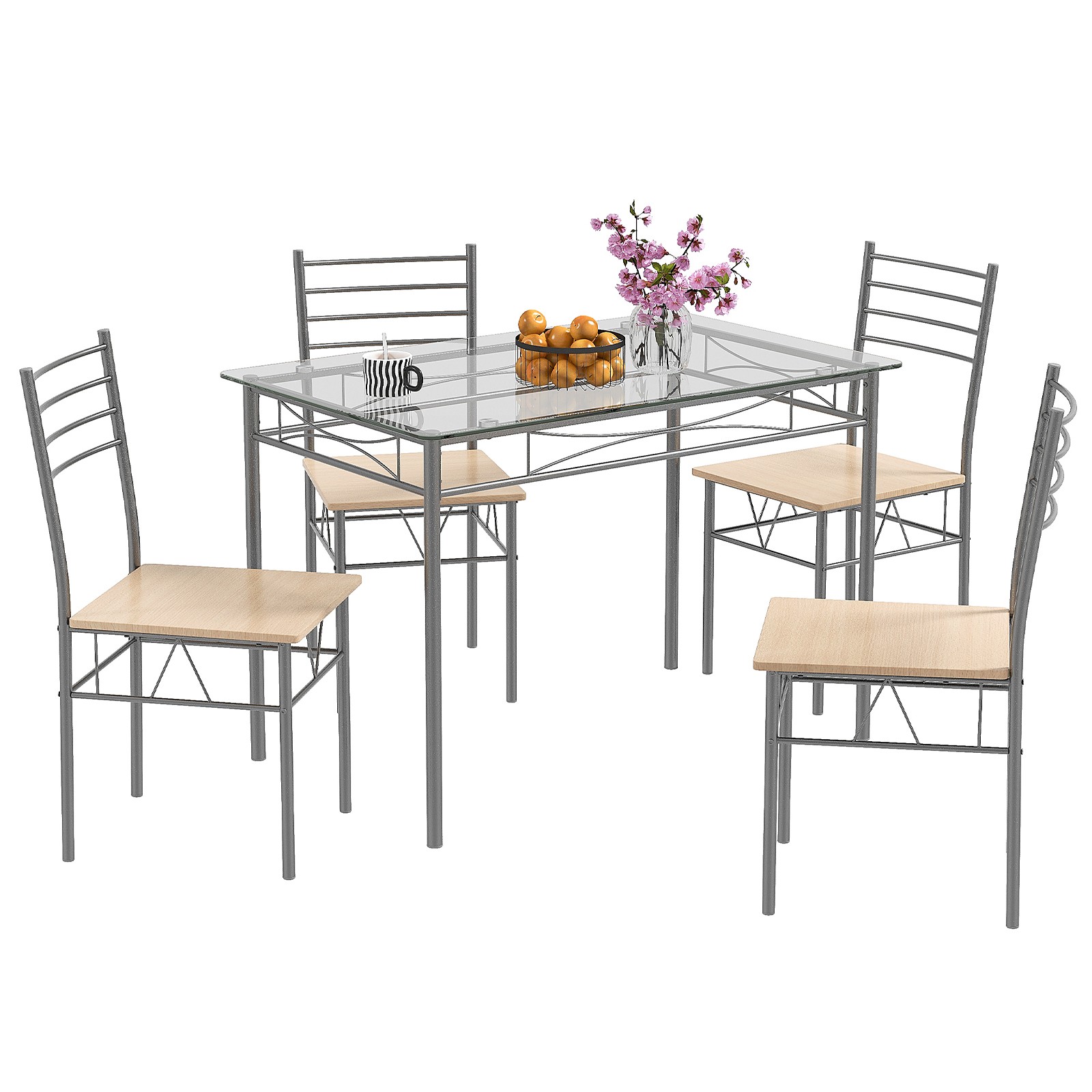 5 Piece Dining Set Table And 4 Chairs Glass Top Kitchen Breakfast Furniture New