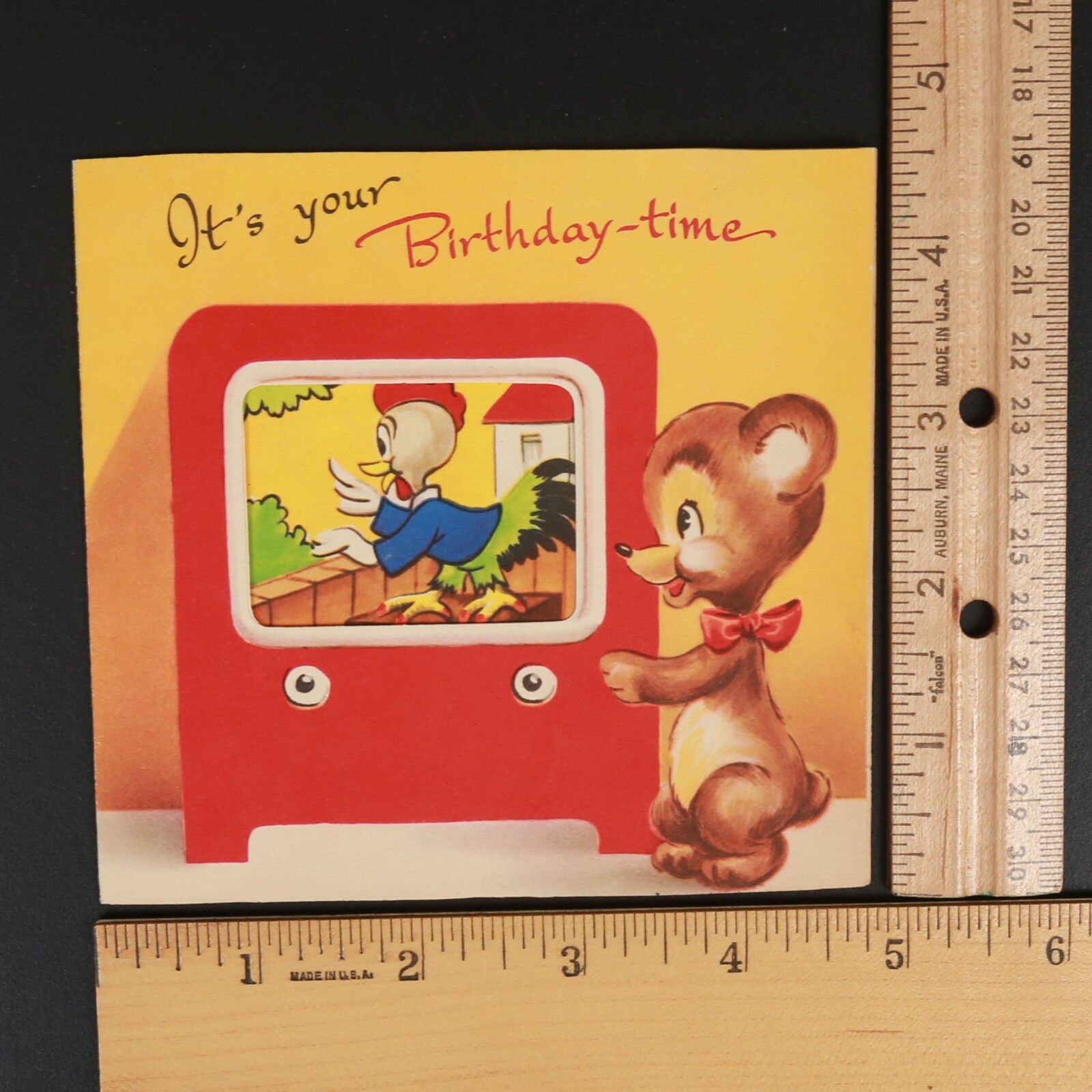 Vtg Anthropomorphic Bear Chicken TV Kids Birthday Card Cut Out Comics Game 9840