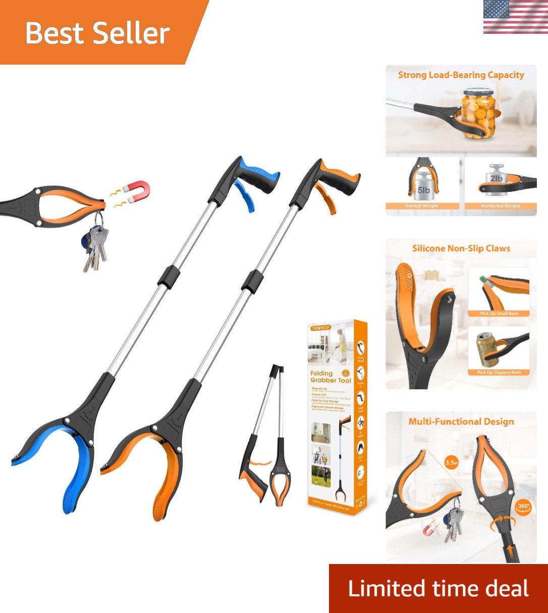32" Grabber Reacher Tool, 2-Pack Foldable Reacher Grabber Pickup Tool with 36...