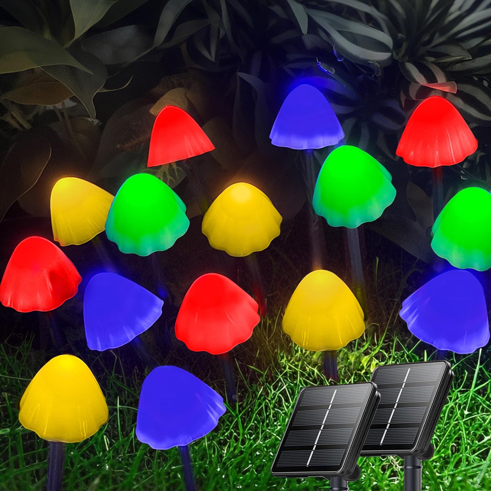 Multicolor OZS 2PK 55ft 32LED Solar Mushroom Outdoor Lights, Waterproof 8 Modes