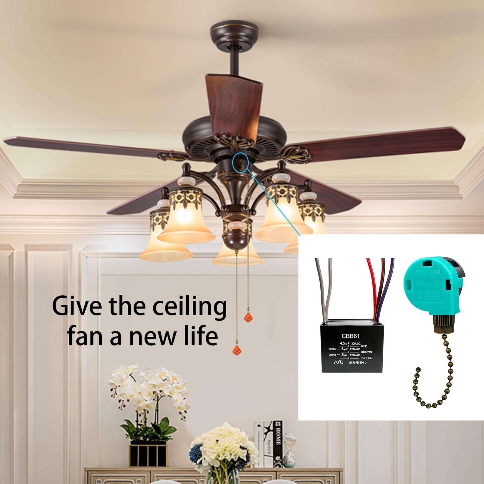 Ceiling Fan Pull Chain Switch 3 Speed 4 Wire Ceiling Fan Capacitor CBB61 4.5u...