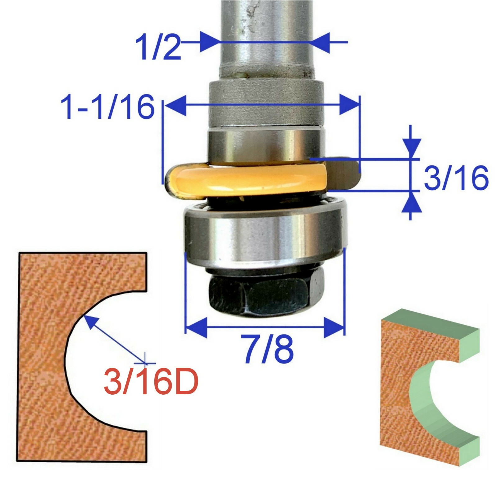 1pc 1/2" shank 3/16" Diameter w/Top Bearing Flute Router Bit