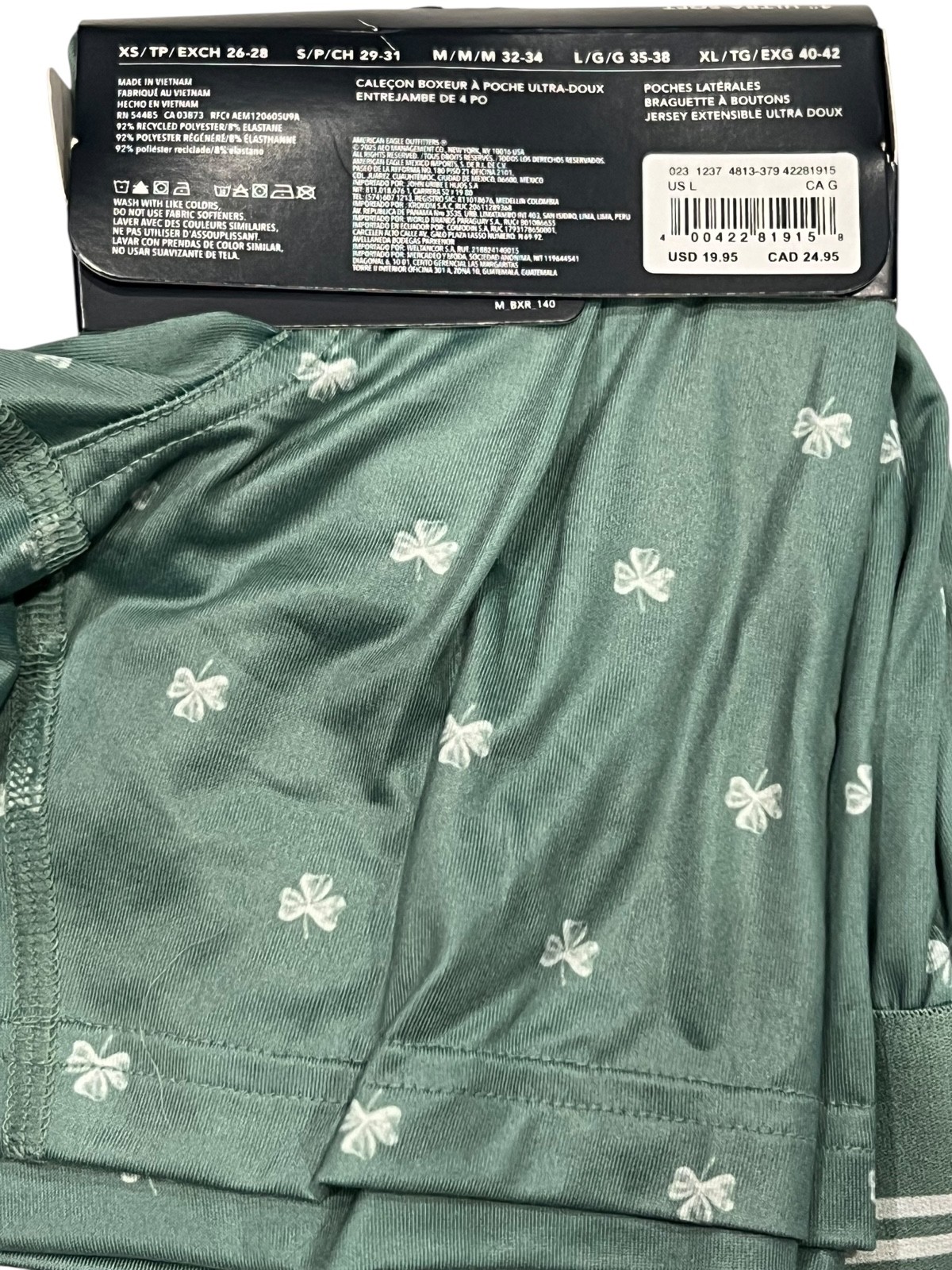 NWT AMERICAN EAGLE 4" Ultra Soft Pocket Boxer Sz XS-S-L-XL Green Shamrocks #27